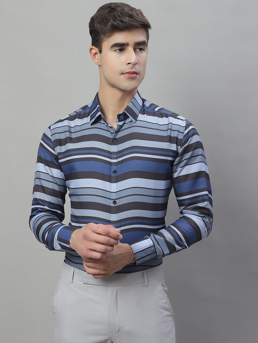 Jainish Men's Grey Classic Striped Formal Shirt - Grey