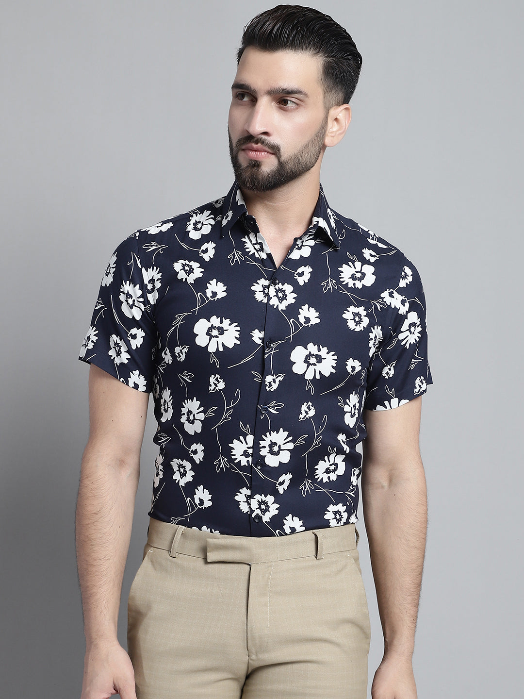 Jainish Men's Floral Printed Formal Shirt - Navy Blue