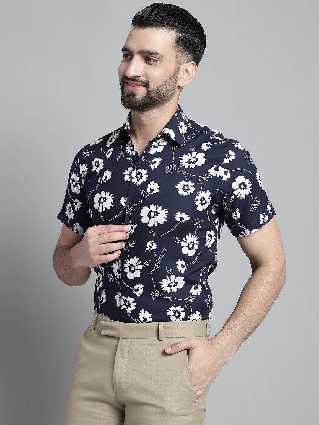 Jainish Men's Floral Printed Formal Shirt - Navy Blue