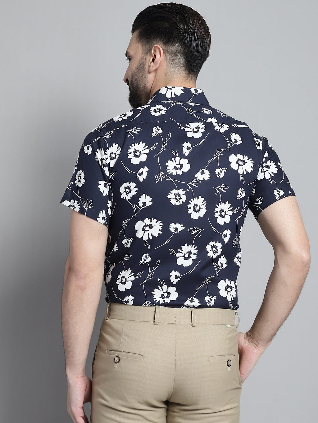 Jainish Men's Floral Printed Formal Shirt - Navy Blue