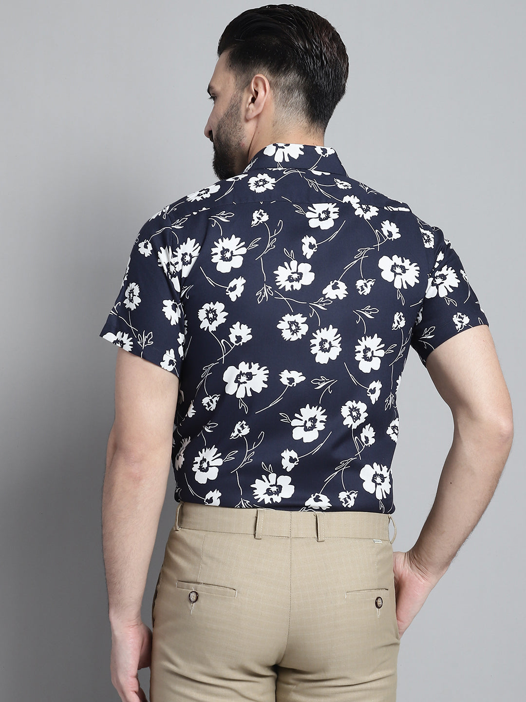 Jainish Men's Floral Printed Formal Shirt - Navy Blue