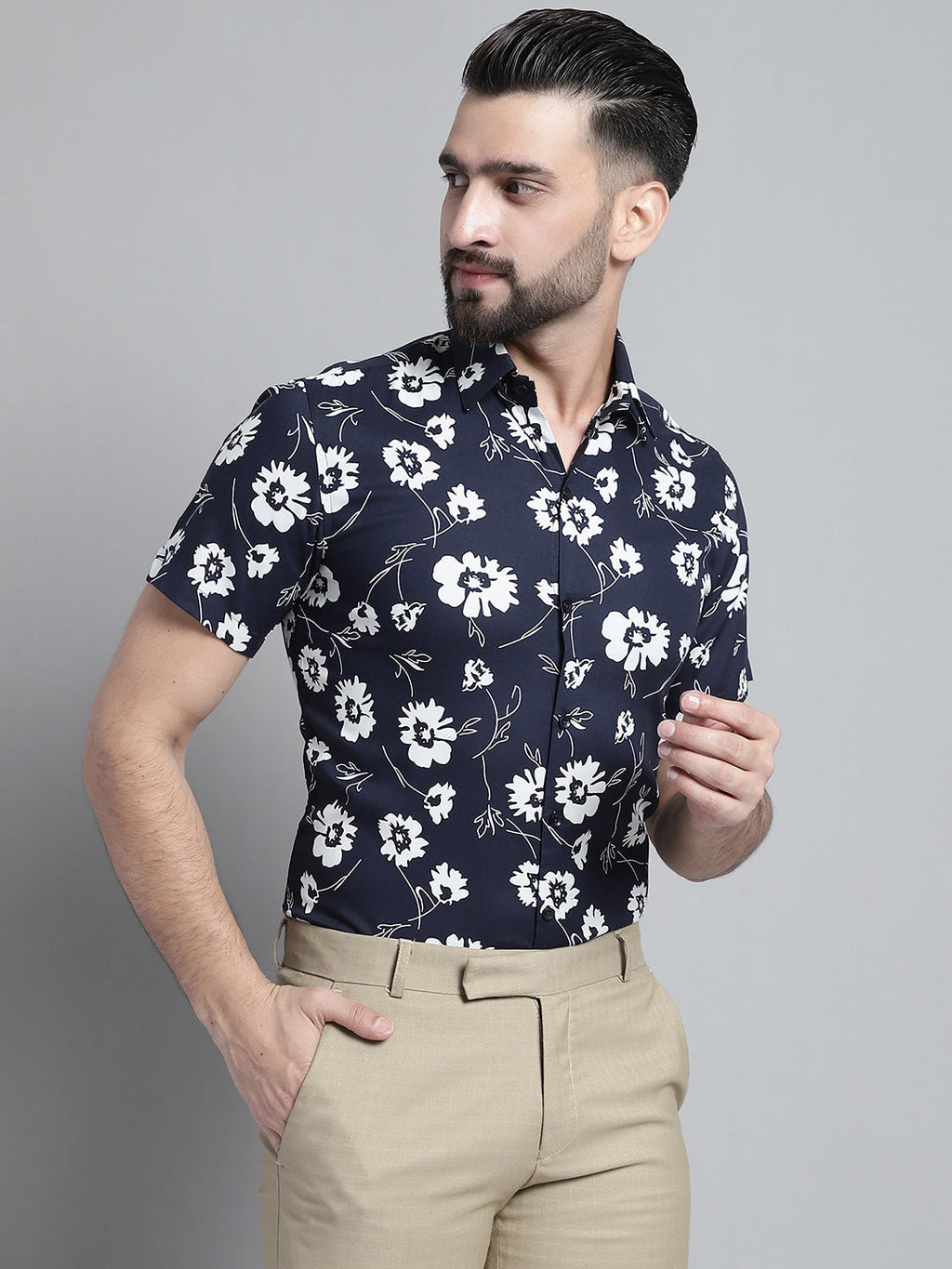 Jainish Men's Floral Printed Formal Shirt - Navy Blue