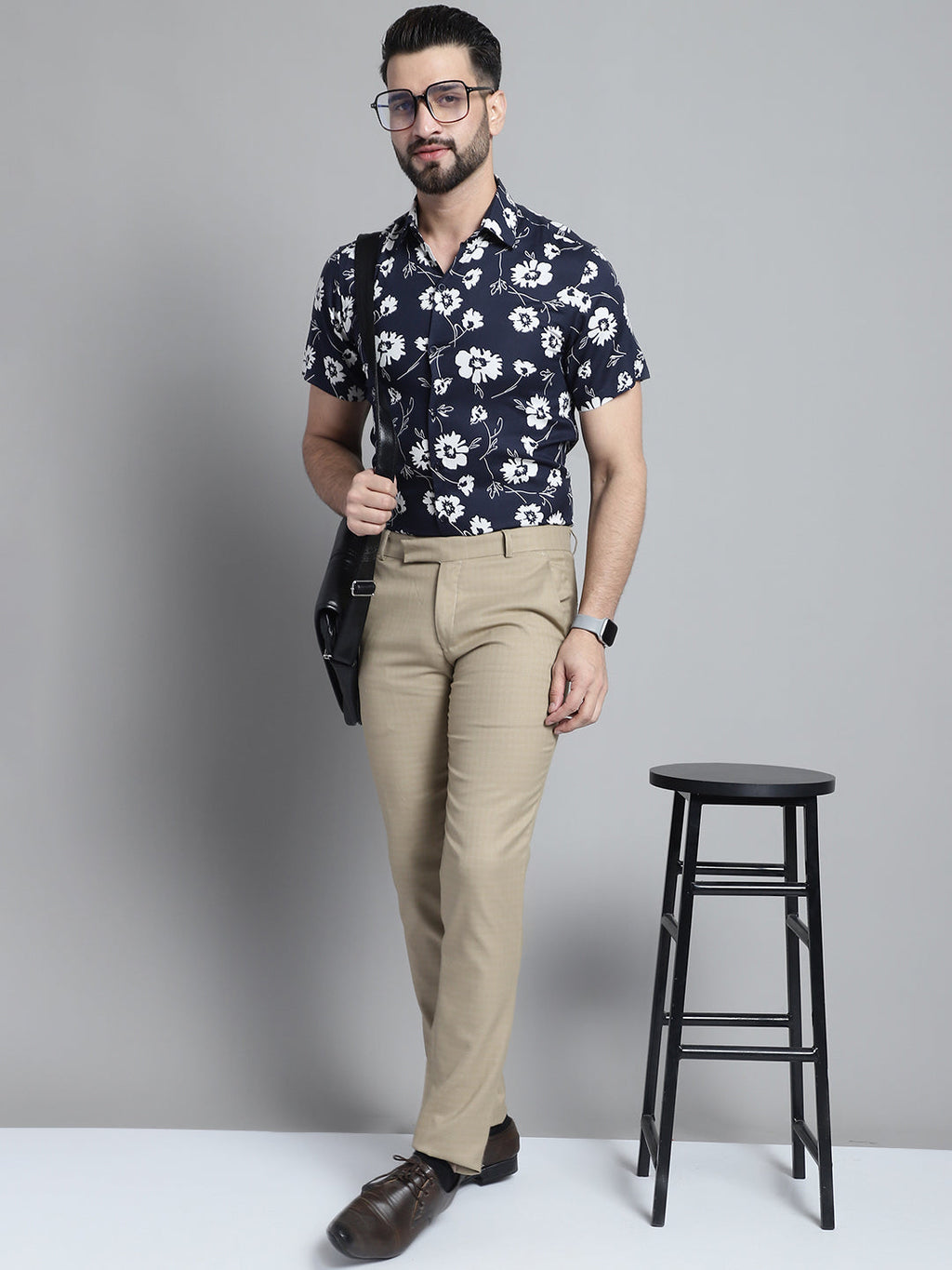 Jainish Men's Floral Printed Formal Shirt - Navy Blue