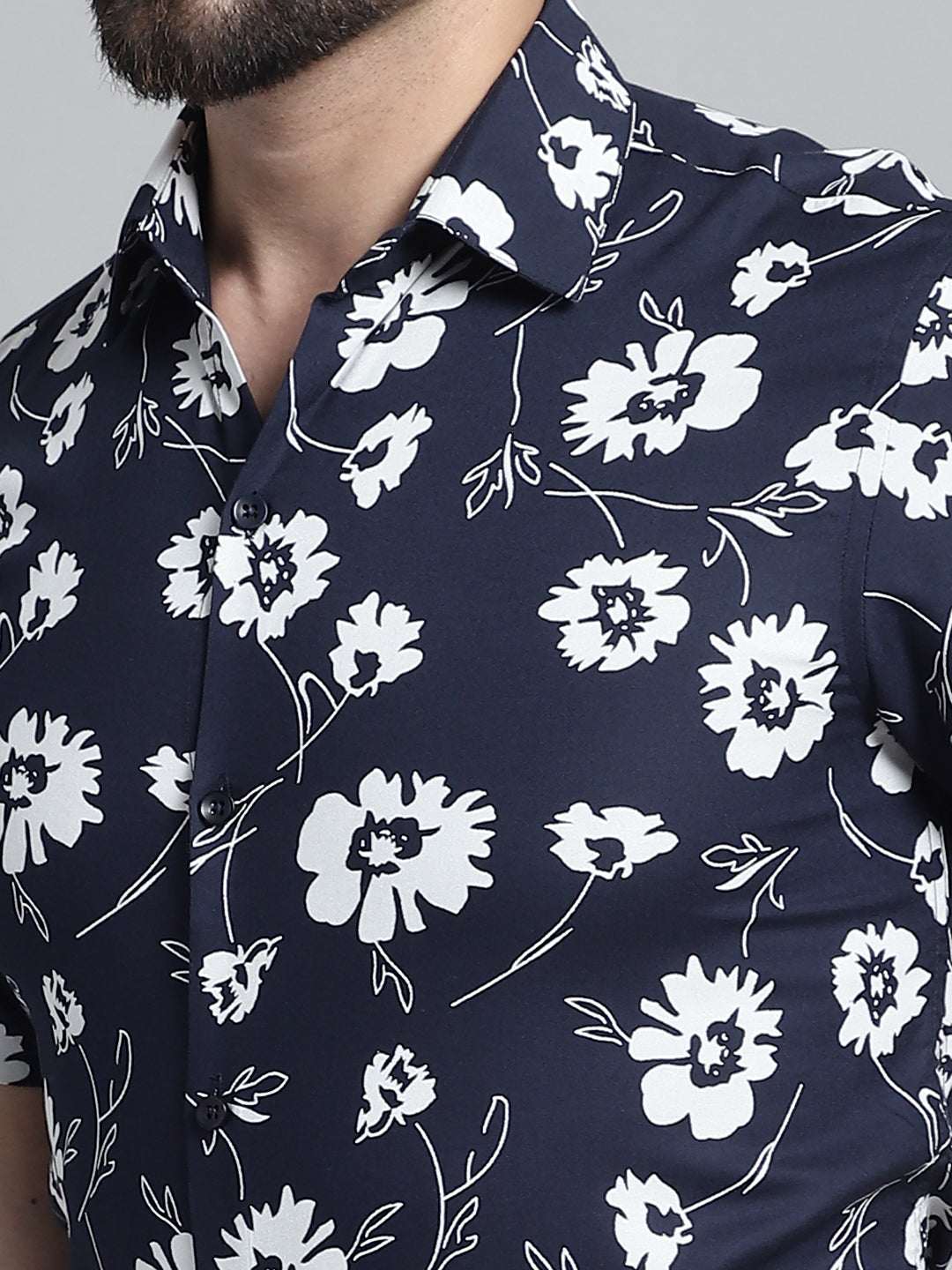 Jainish Men's Floral Printed Formal Shirt - Navy Blue