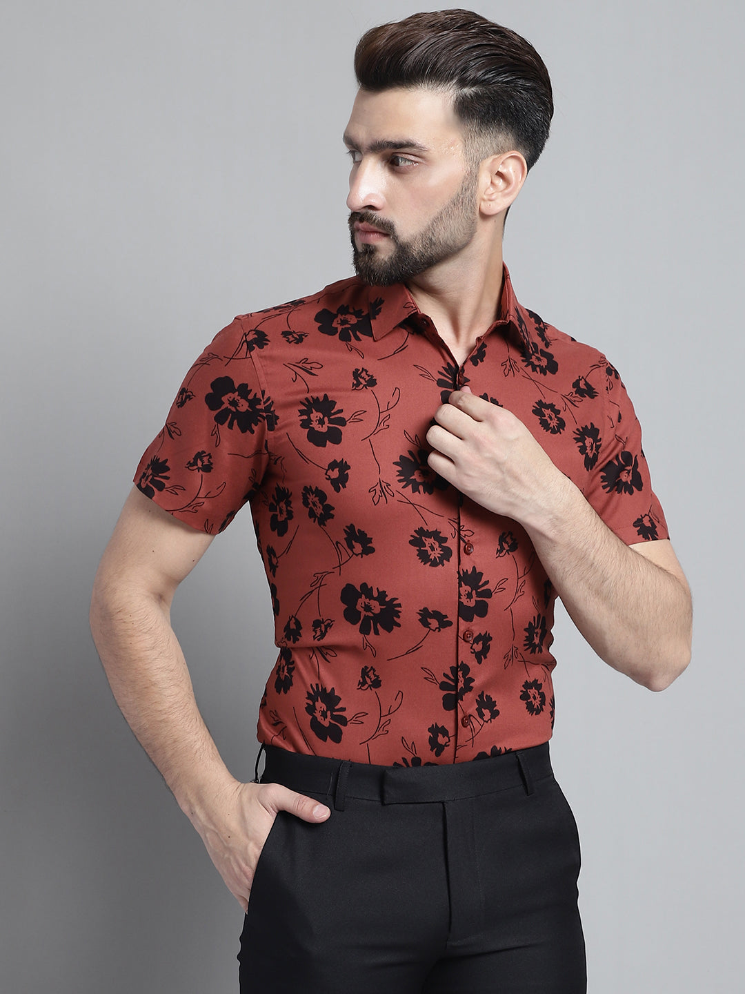 Jainish Men's Floral Printed Formal Shirt - Rust