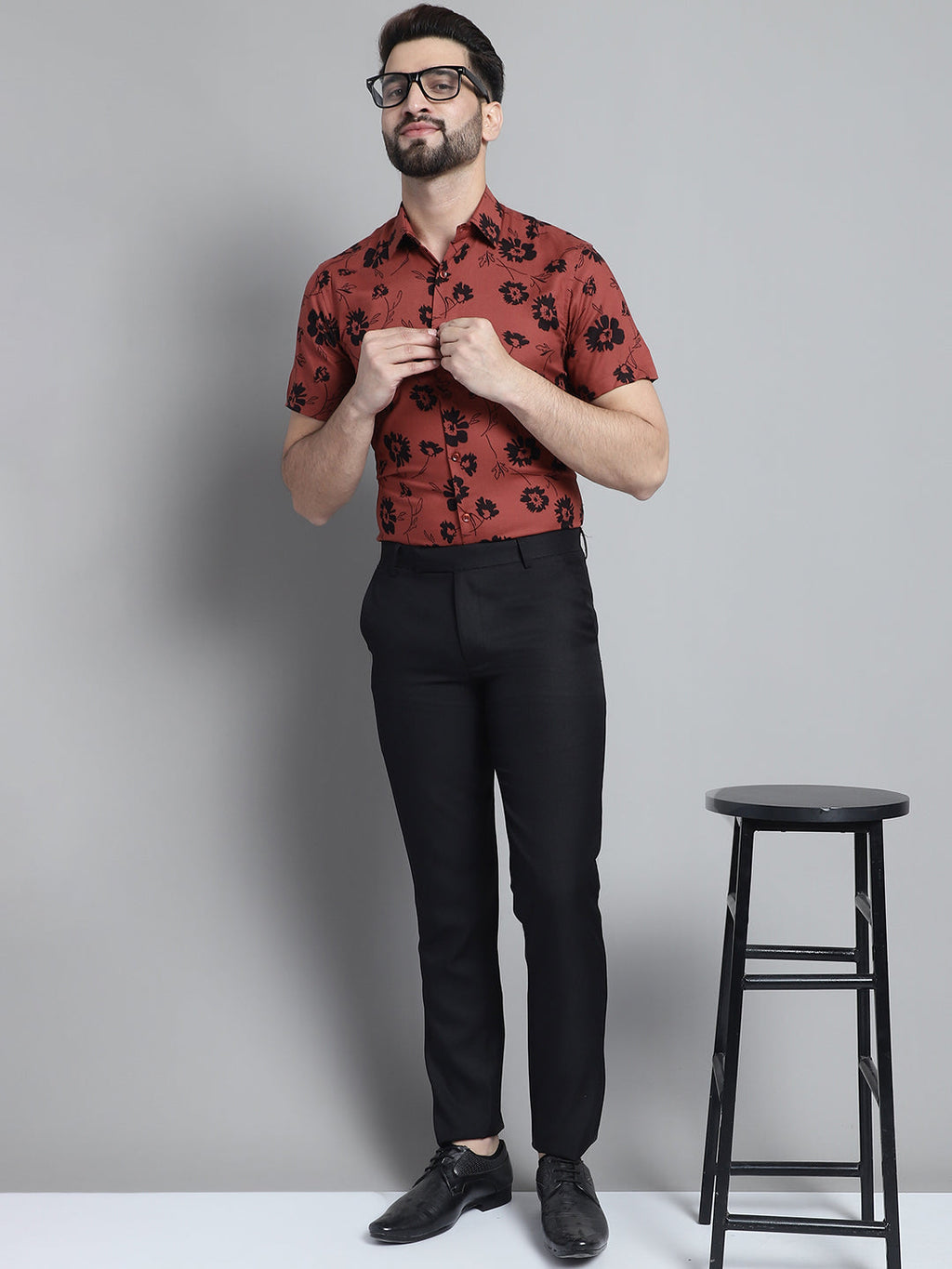 Jainish Men's Floral Printed Formal Shirt - Rust