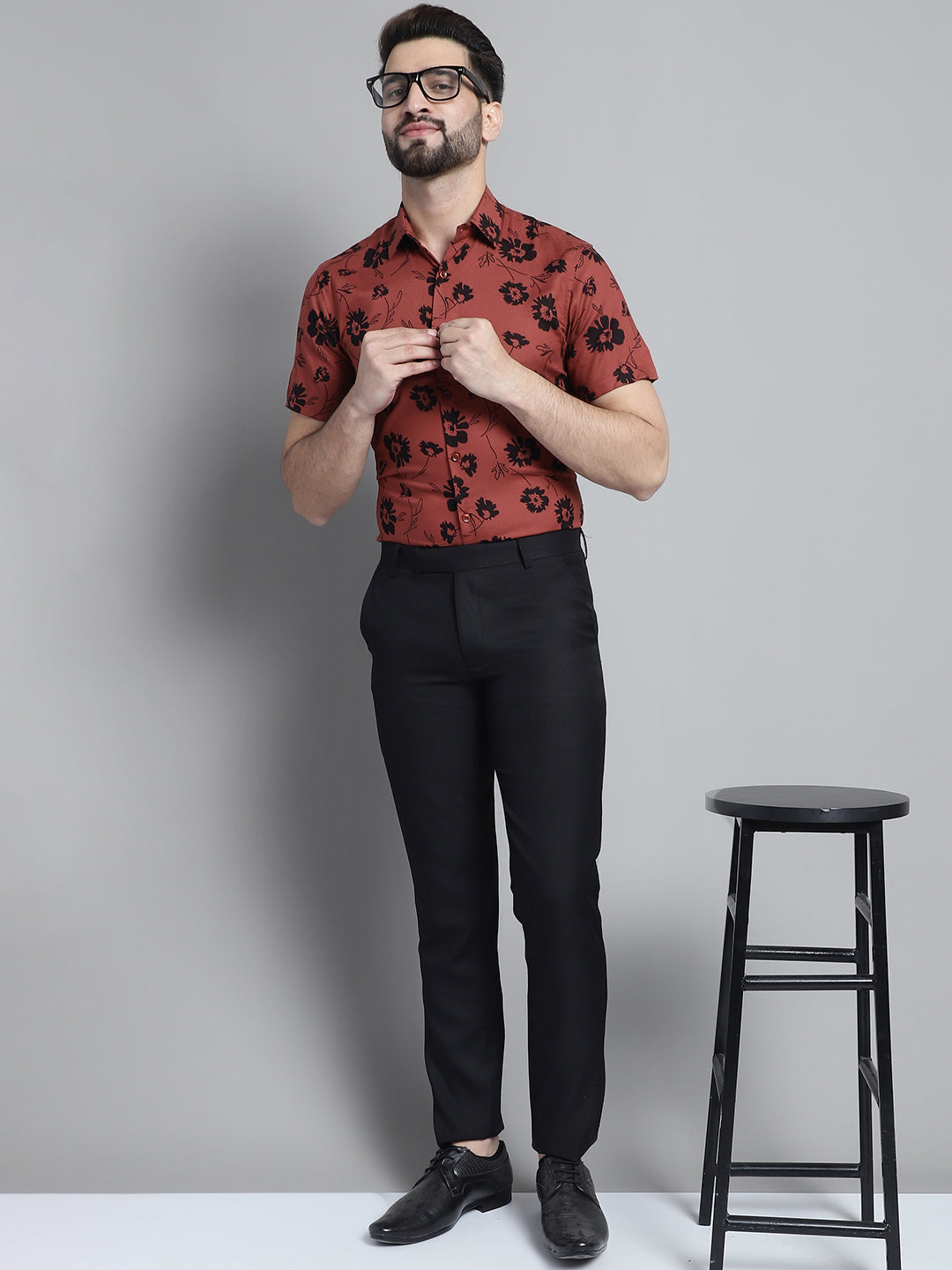 Jainish Men's Floral Printed Formal Shirt - Rust