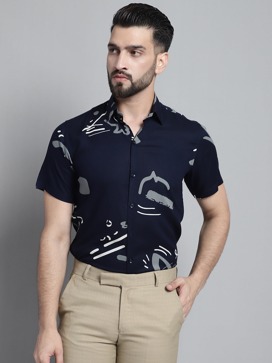 Jainish Men's Printed Formal Shirt - Navy Blue