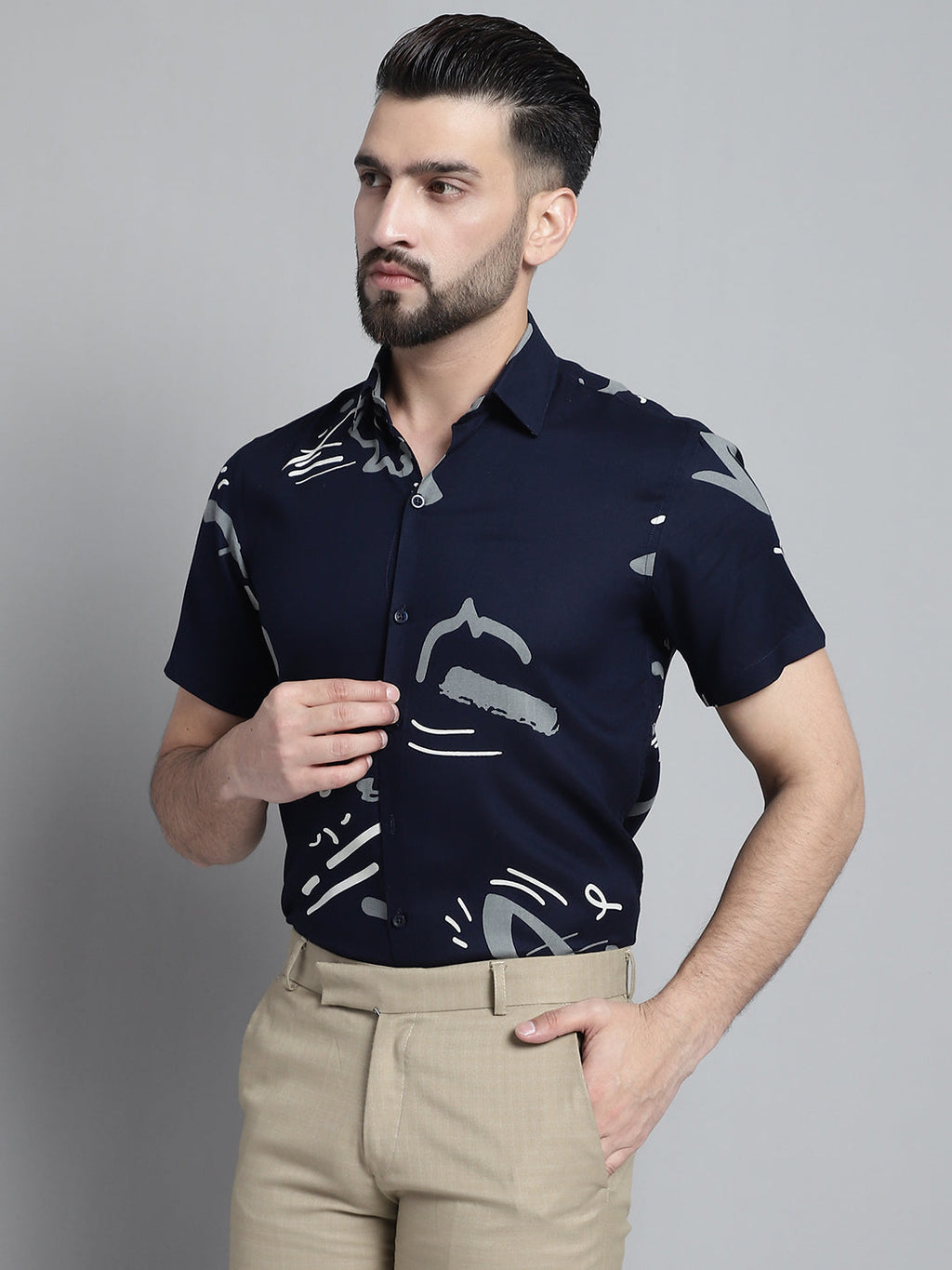 Jainish Men's Printed Formal Shirt - Navy Blue