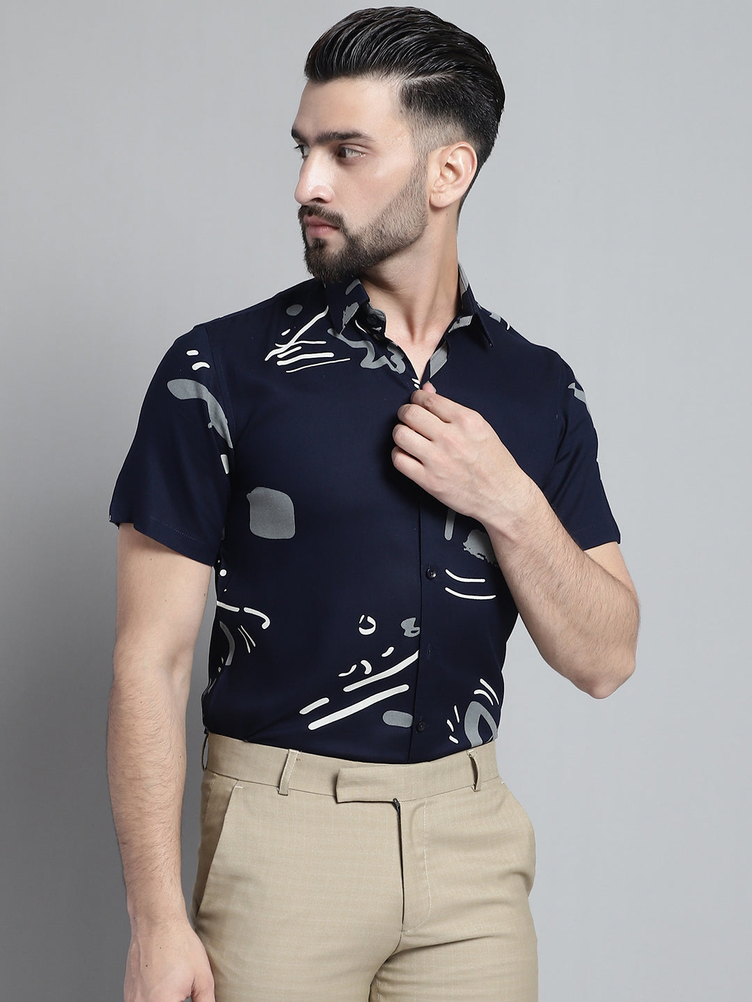 Jainish Men's Printed Formal Shirt - Navy Blue