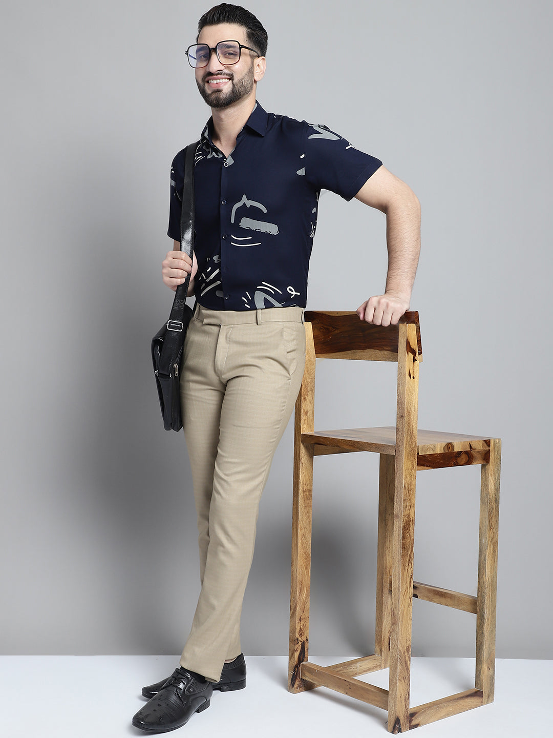 Jainish Men's Printed Formal Shirt - Navy Blue