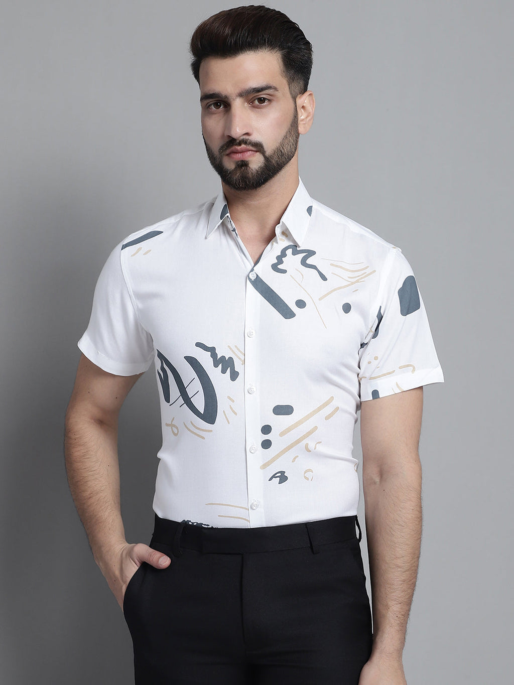 Jainish Men's Printed Formal Shirt - White