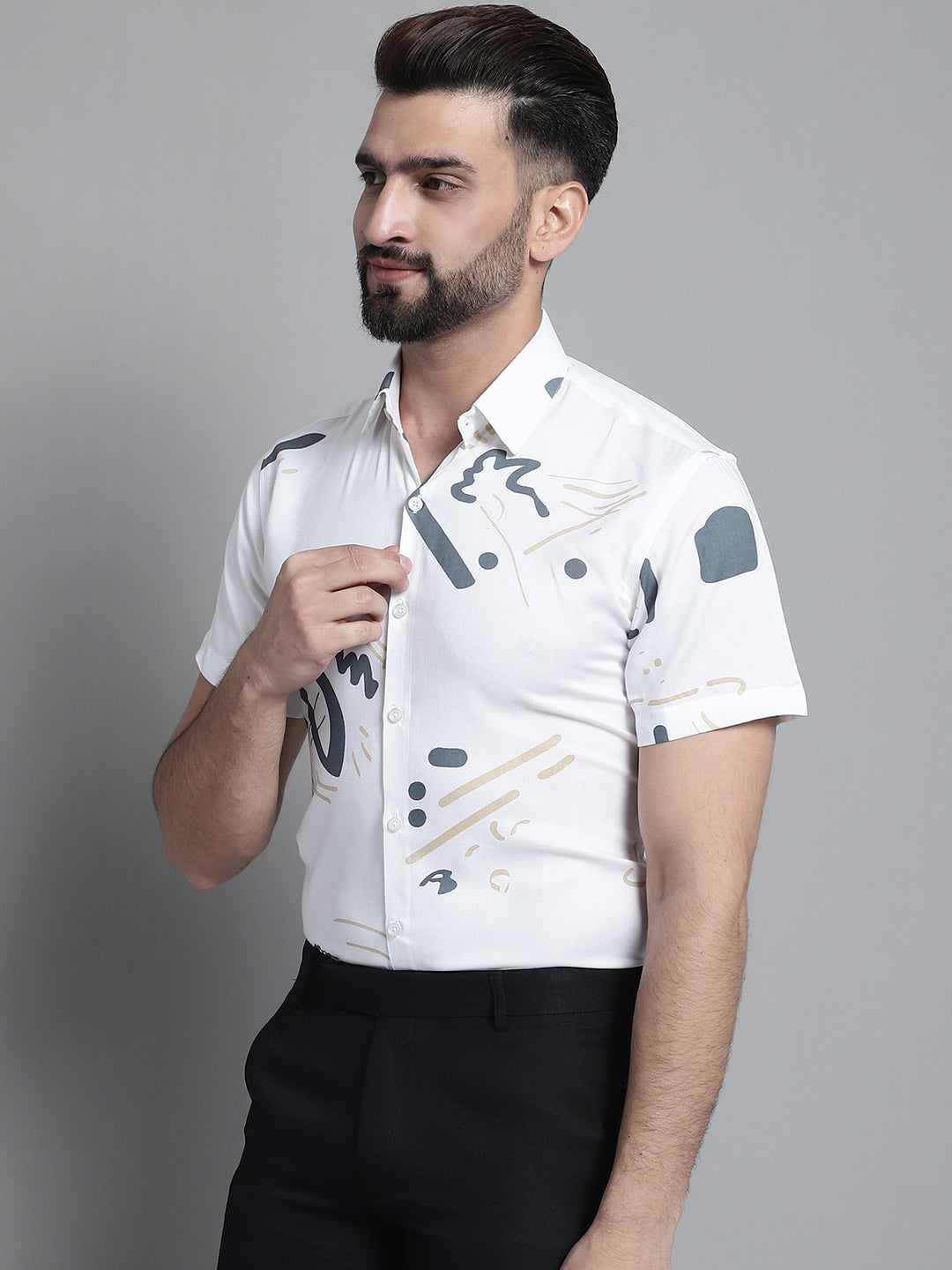 Jainish Men's Printed Formal Shirt - White
