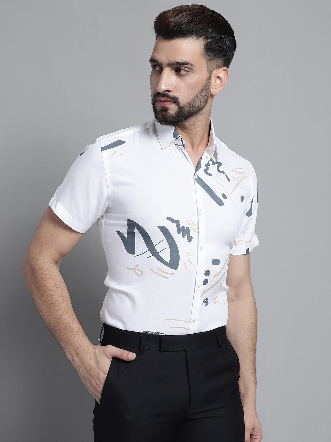 Jainish Men's Printed Formal Shirt - White