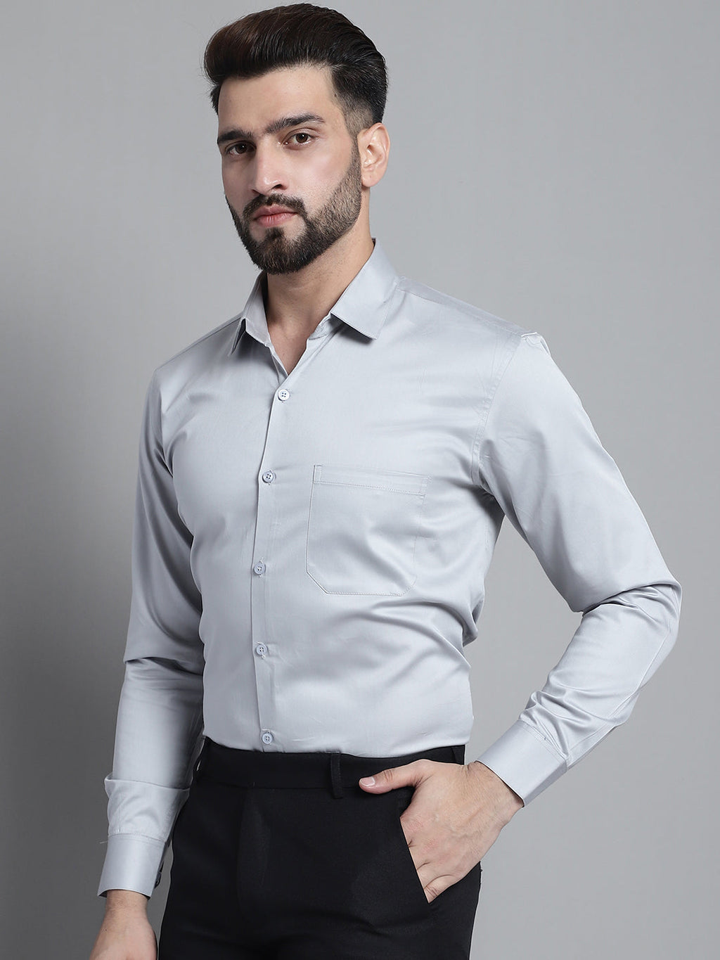 Jainish Men's Cotton Solid Formal Shirt - Light-Grey