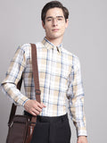 Jainish Men's Yellow Checked Ragular Fit Formal Shirt - Cream