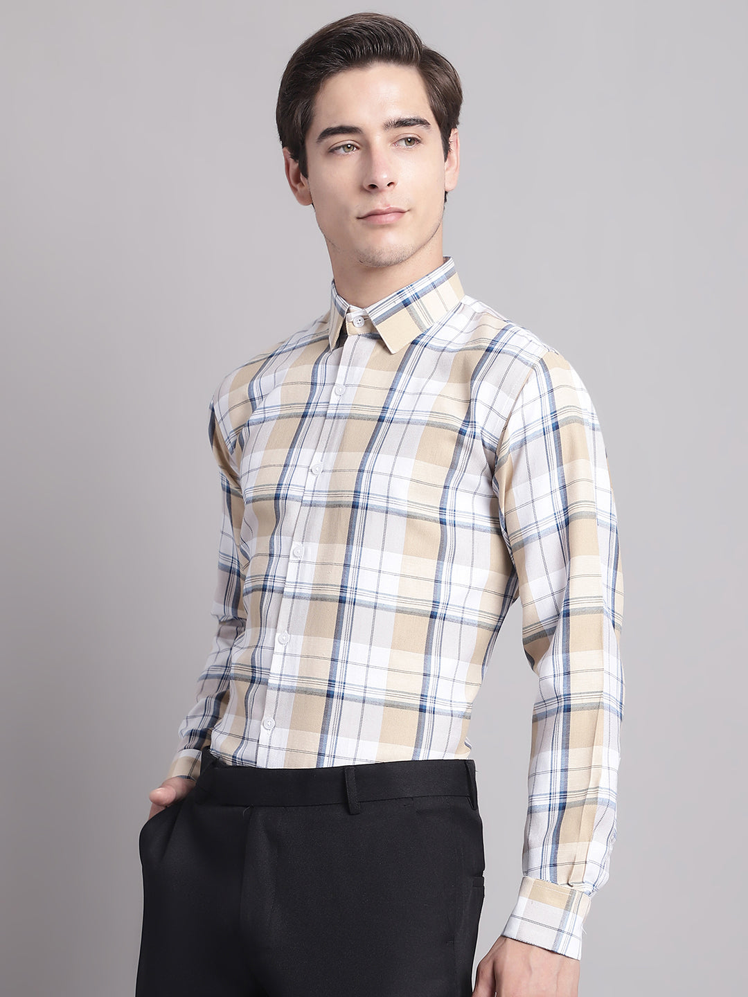 Jainish Men's Yellow Checked Ragular Fit Formal Shirt - Cream