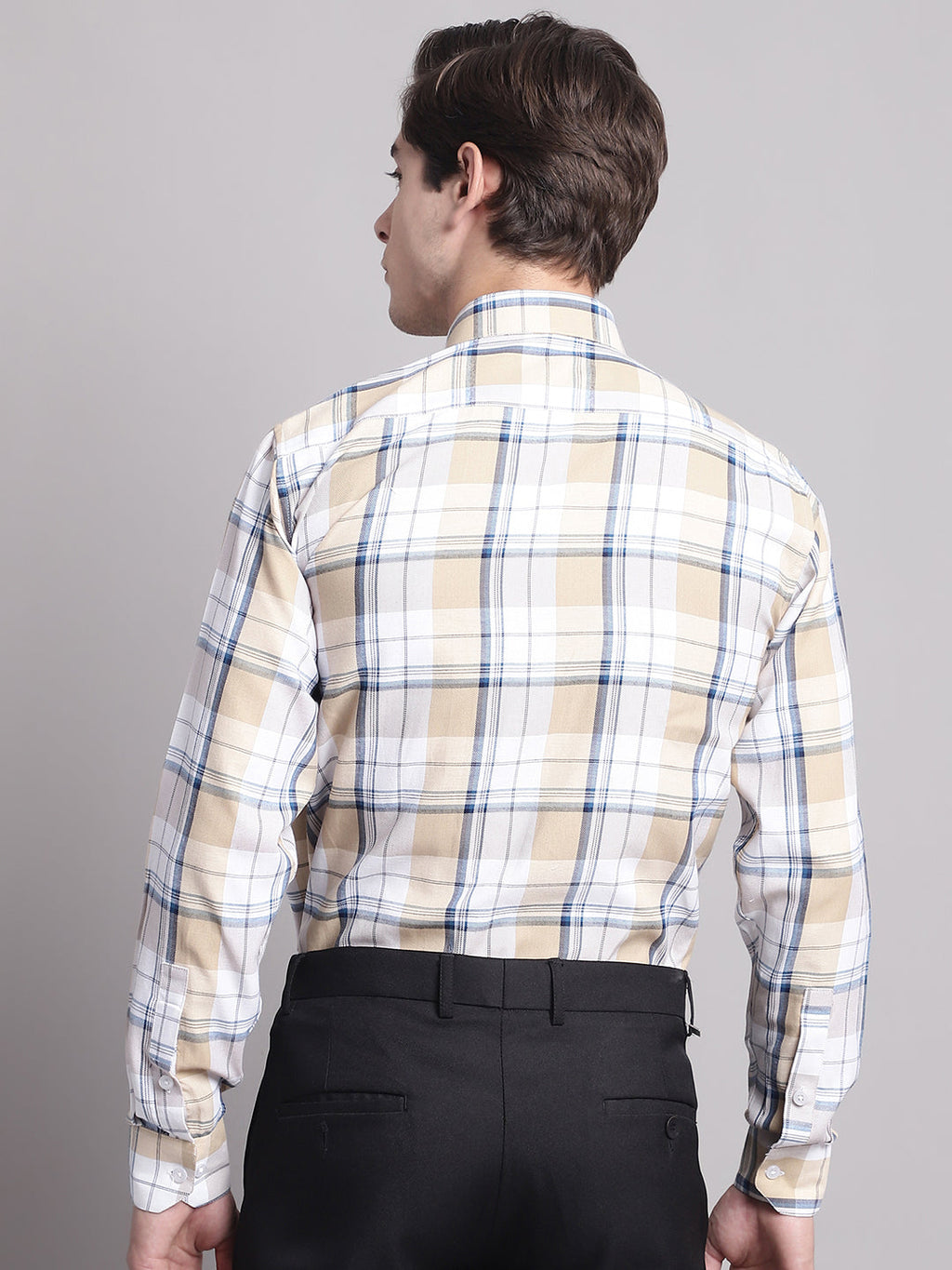 Jainish Men's Yellow Checked Ragular Fit Formal Shirt - Cream