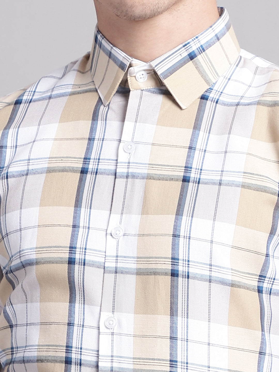 Jainish Men's Yellow Checked Ragular Fit Formal Shirt - Cream