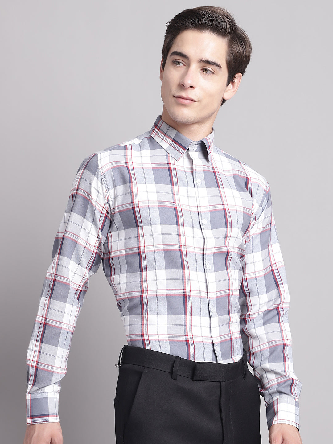 Jainish Men's Grey Checked Ragular Fit Formal Shirt - Grey