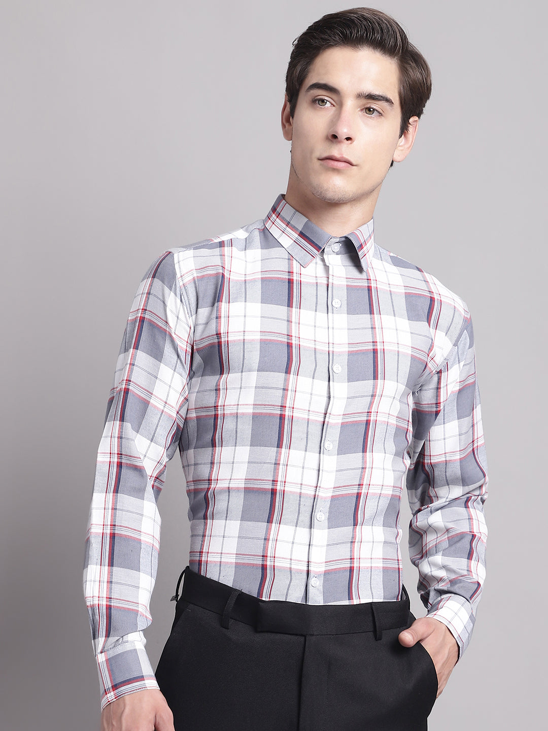 Jainish Men's Grey Checked Ragular Fit Formal Shirt - Grey