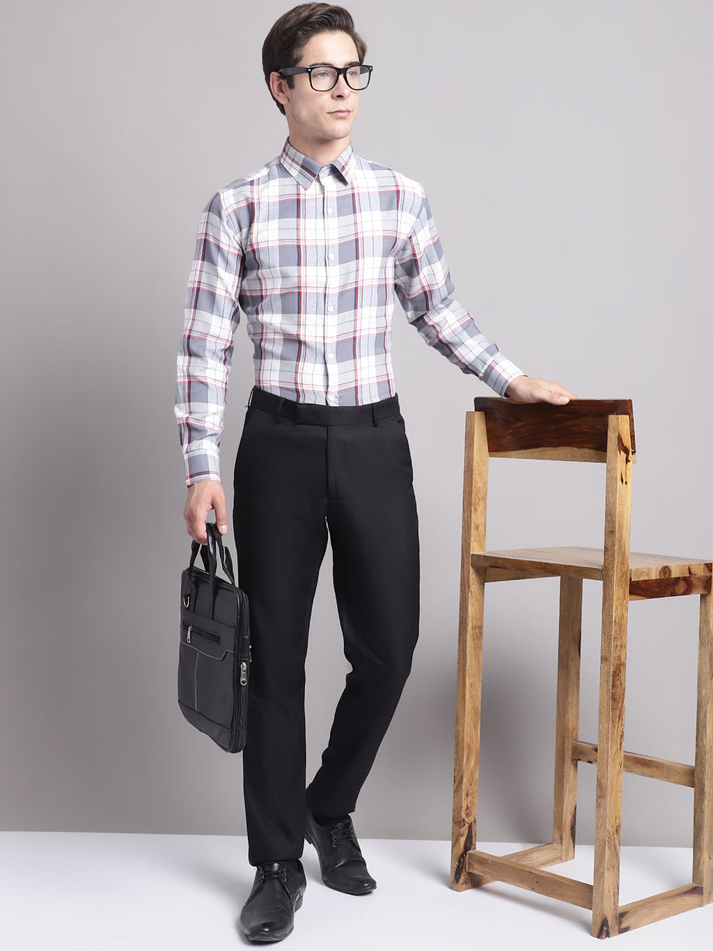 Jainish Men's Grey Checked Ragular Fit Formal Shirt - Grey