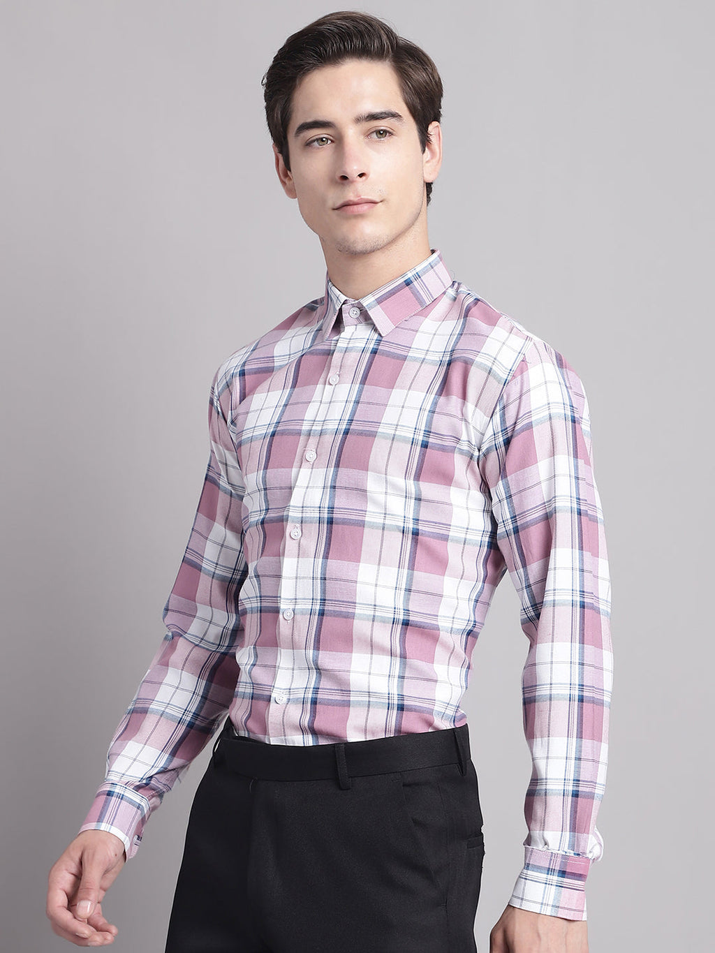 Jainish Men's Pink Checked Ragular Fit Formal Shirt - Pink