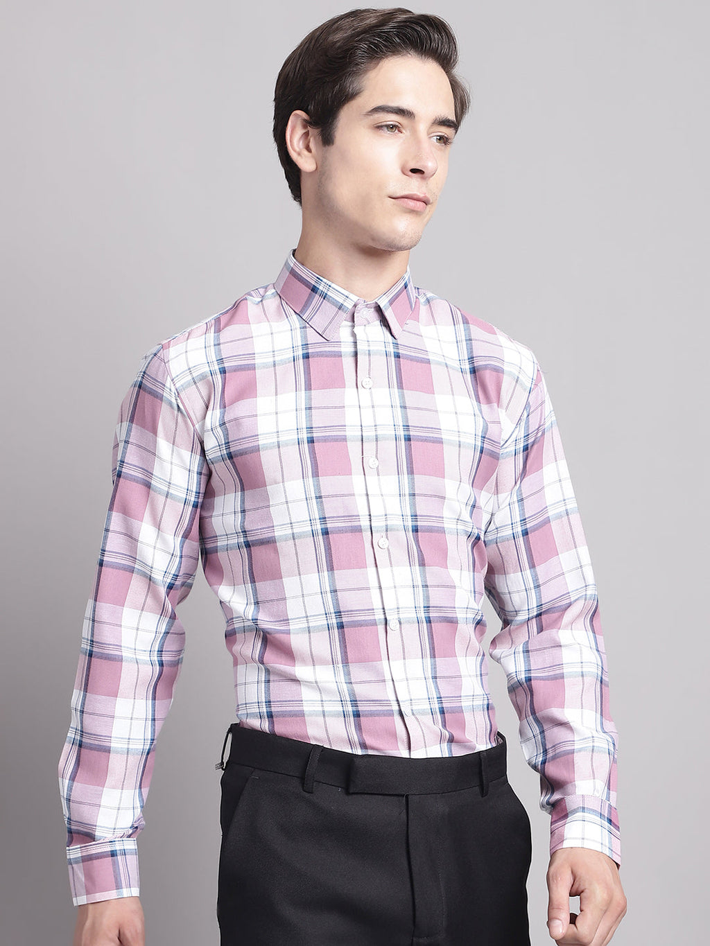 Jainish Men's Pink Checked Ragular Fit Formal Shirt - Pink