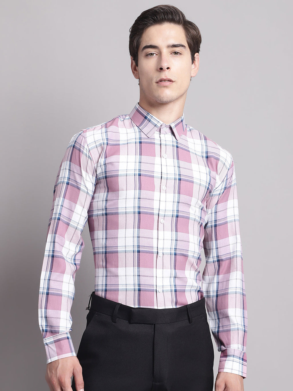 Jainish Men's Pink Checked Ragular Fit Formal Shirt - Pink