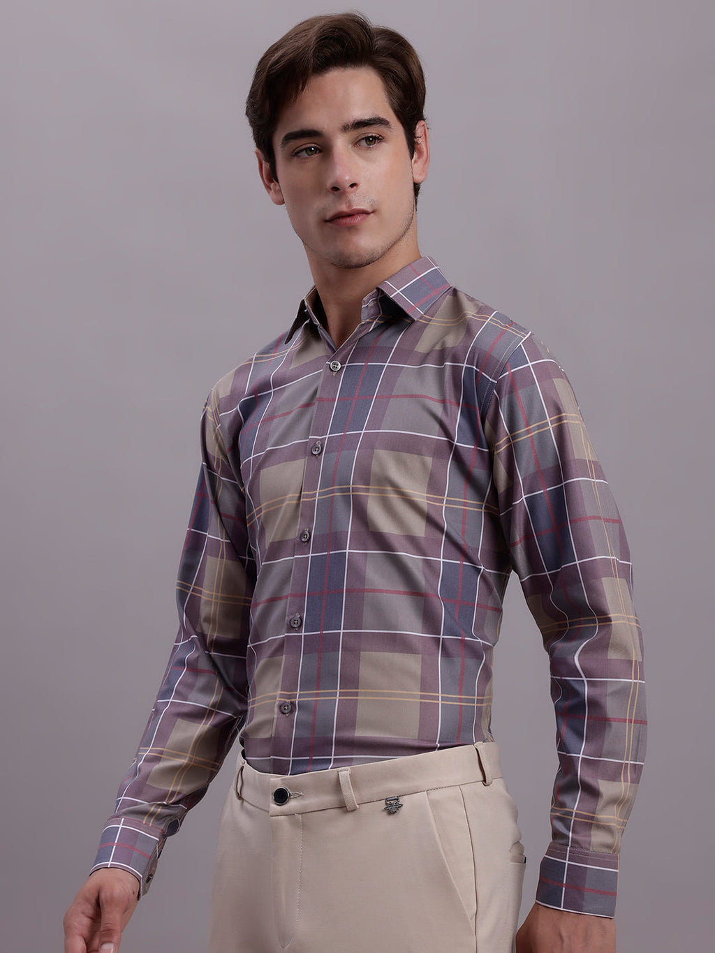 Jainish Men's Cotton Blend Checked Formal Shirt - Brown