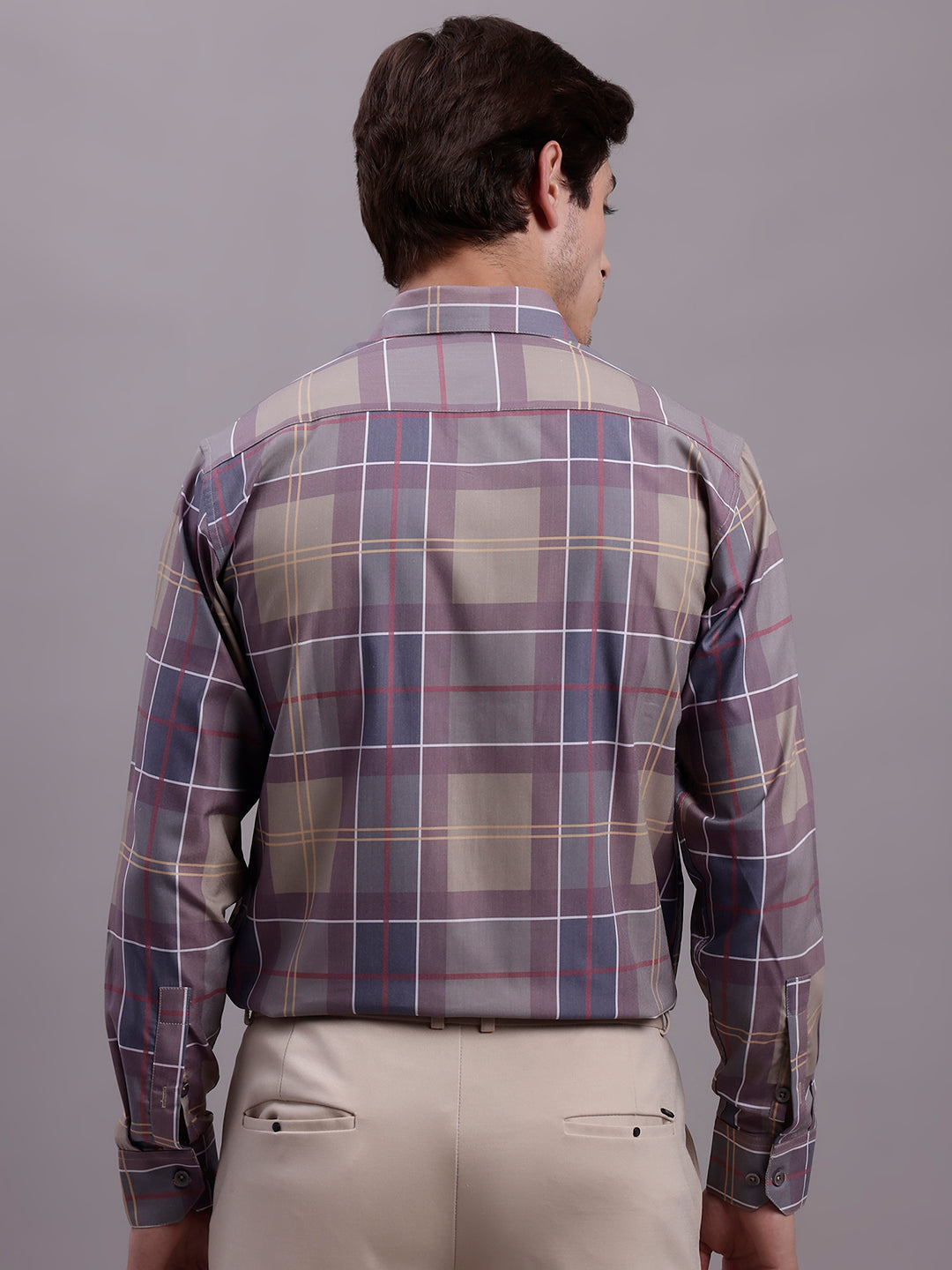 Jainish Men's Cotton Blend Checked Formal Shirt - Brown
