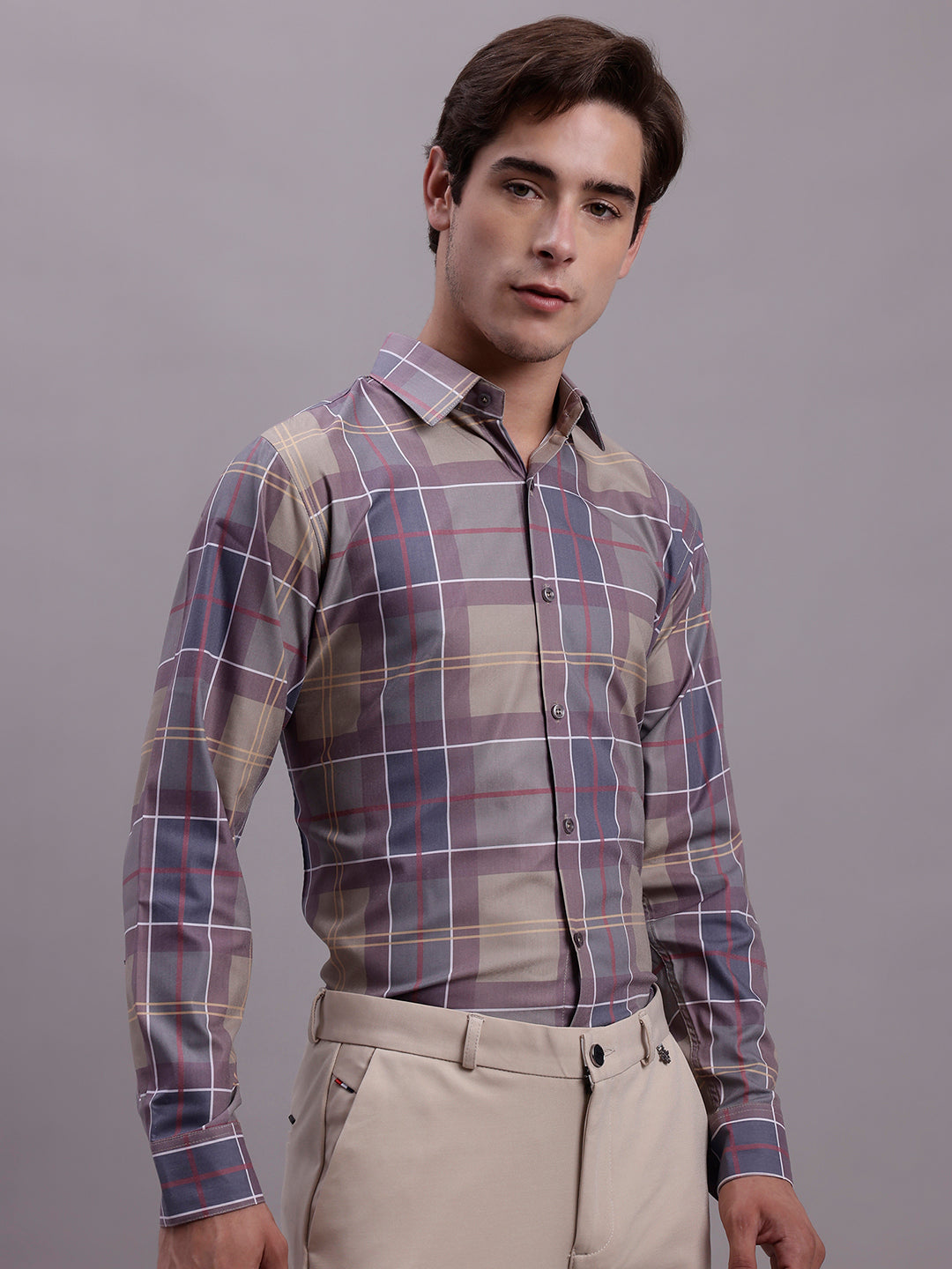 Jainish Men's Cotton Blend Checked Formal Shirt - Brown