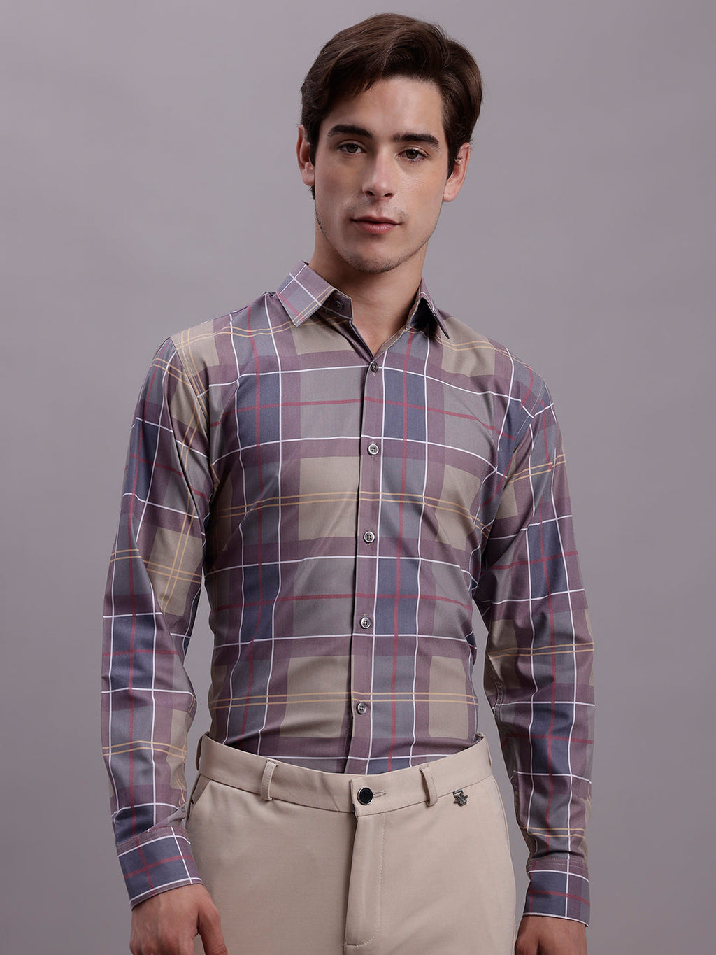Jainish Men's Cotton Blend Checked Formal Shirt - Brown