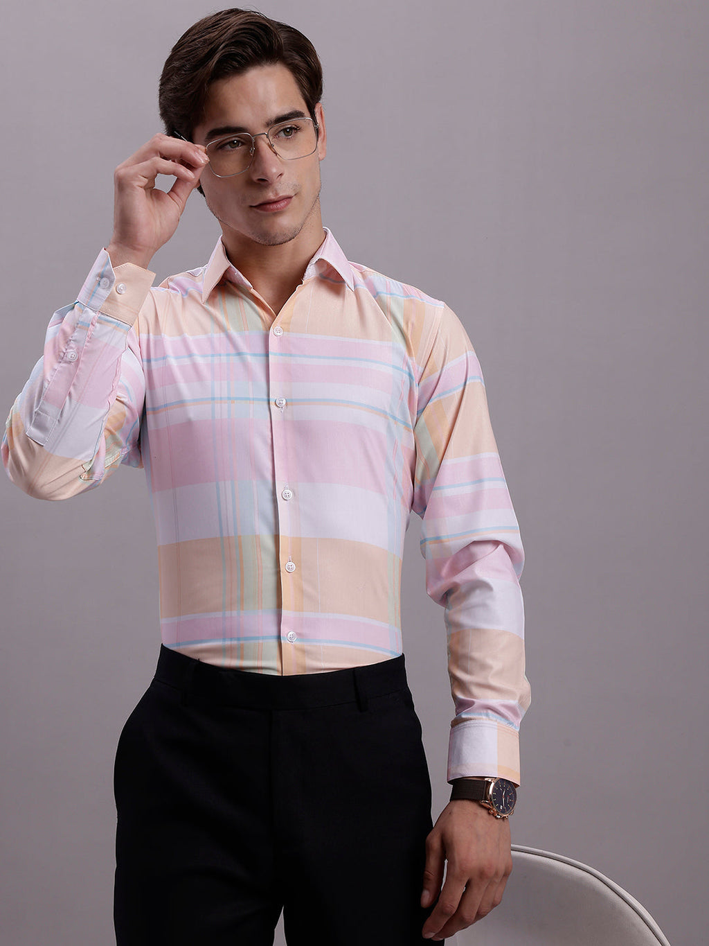 Jainish Men's Cotton Blend Checked Formal Shirt - Pink