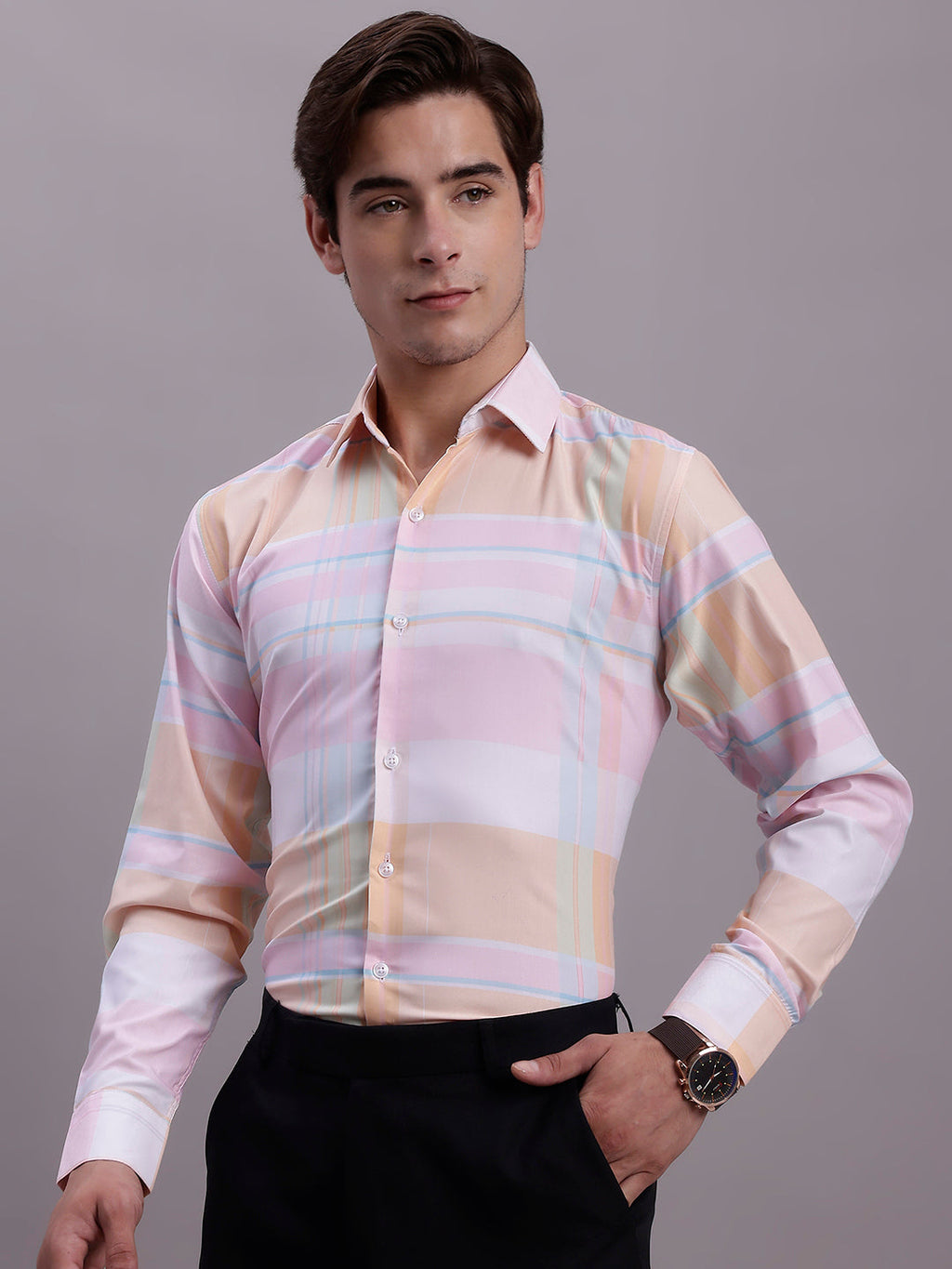 Jainish Men's Cotton Blend Checked Formal Shirt - Pink