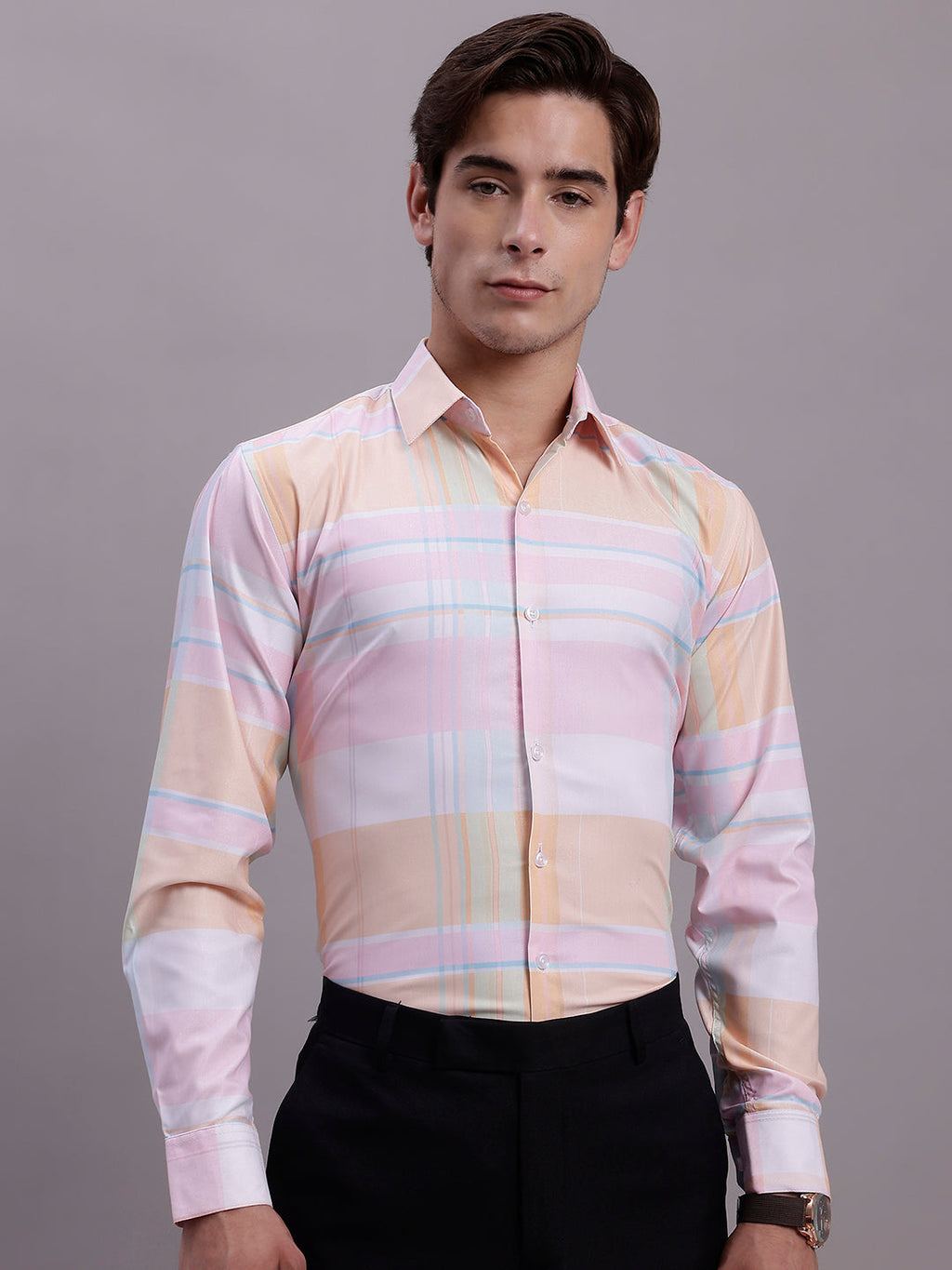 Jainish Men's Cotton Blend Checked Formal Shirt - Pink