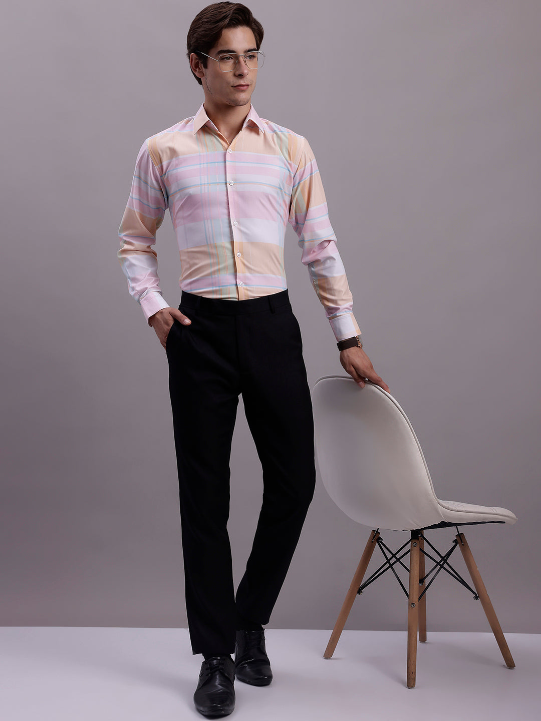 Jainish Men's Cotton Blend Checked Formal Shirt - Pink