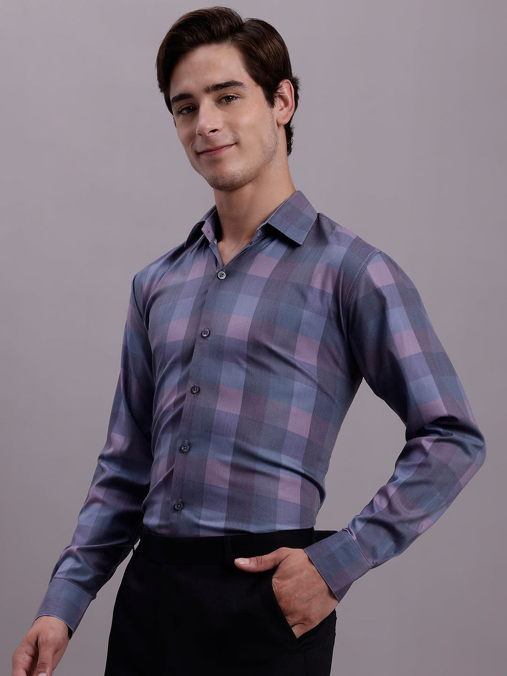 Jainish Men's Cotton Blend Checked Formal Shirt - Purple