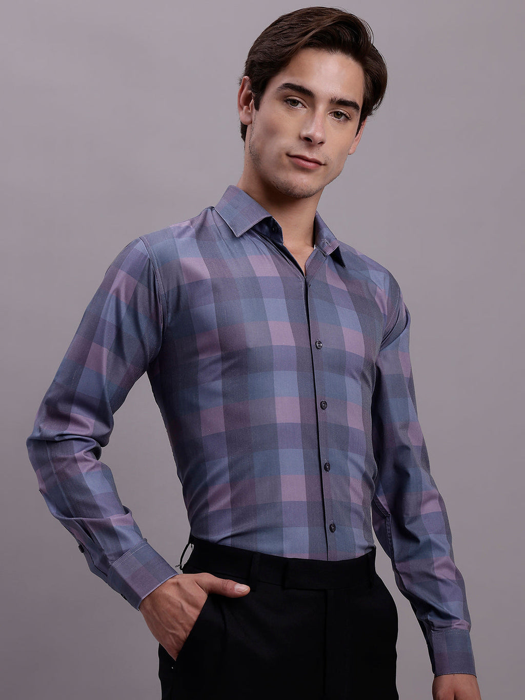Jainish Men's Cotton Blend Checked Formal Shirt - Purple