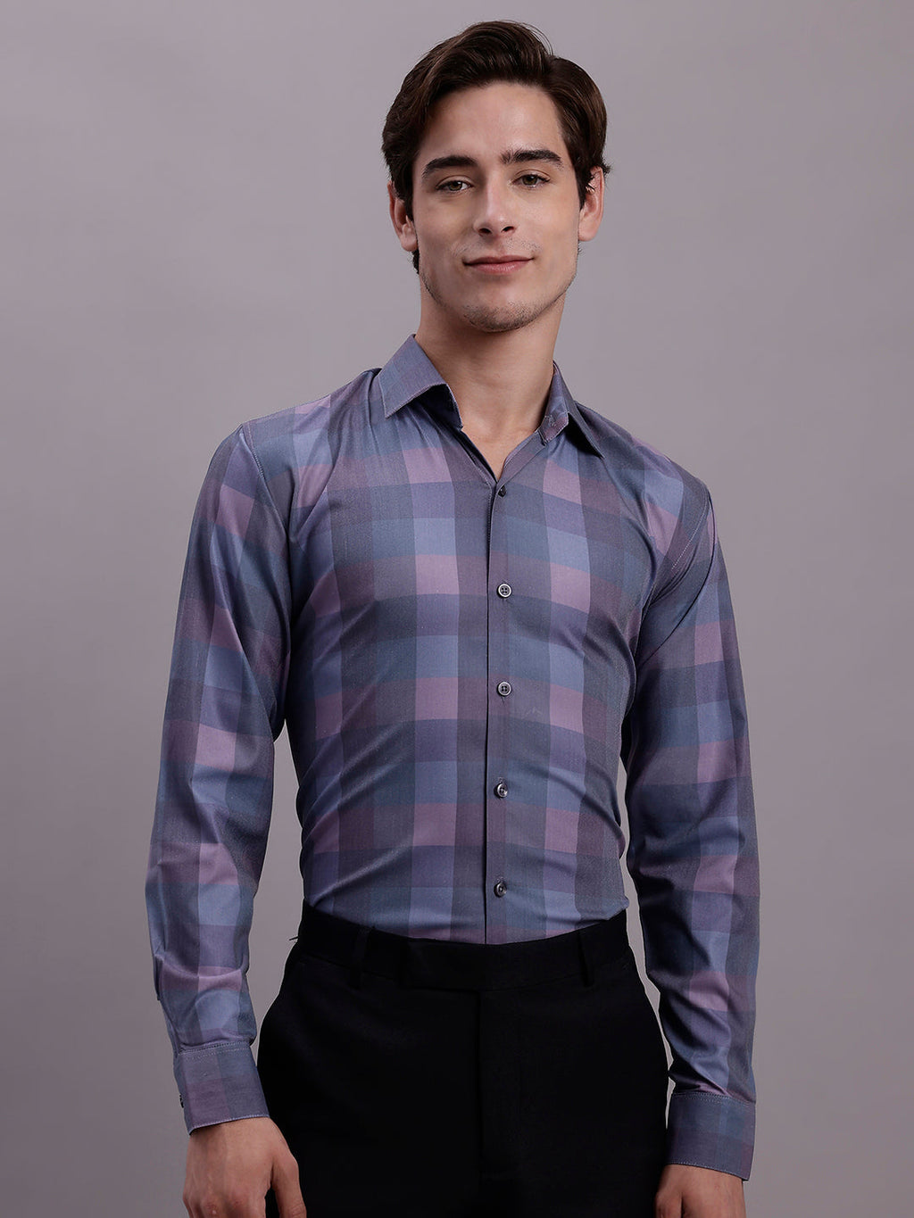 Jainish Men's Cotton Blend Checked Formal Shirt - Purple