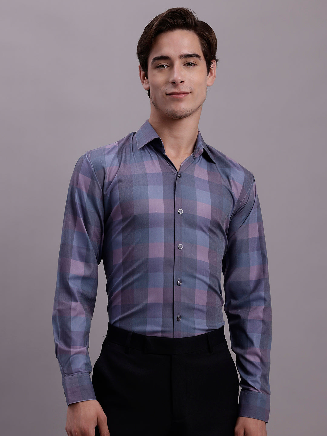 Jainish Men's Cotton Blend Checked Formal Shirt - Purple