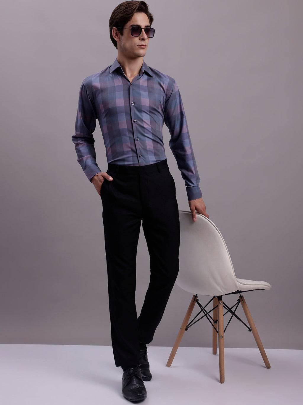 Jainish Men's Cotton Blend Checked Formal Shirt - Purple
