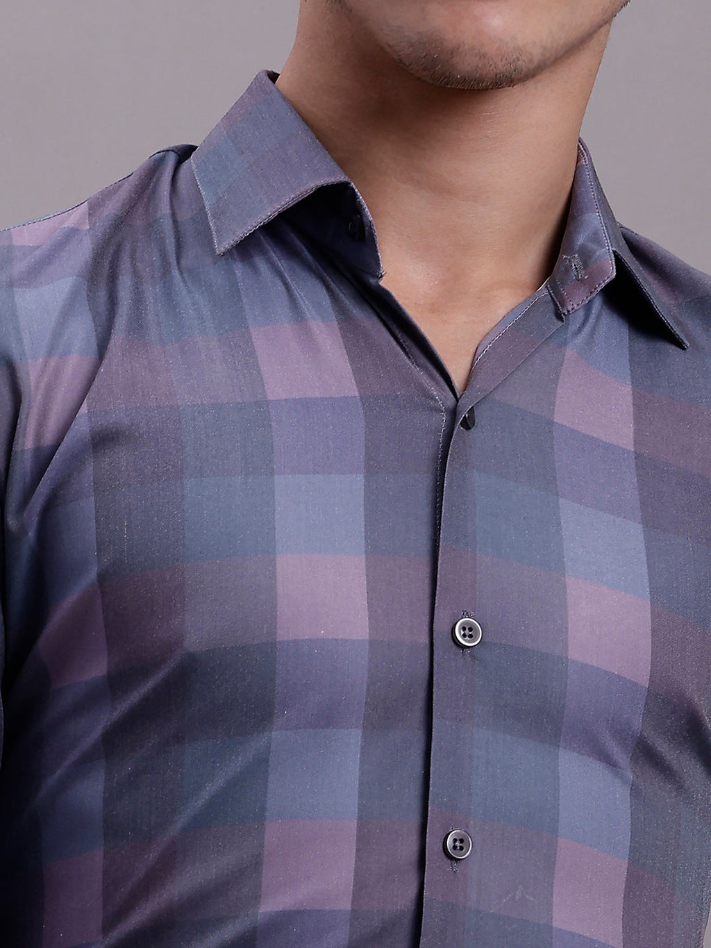 Jainish Men's Cotton Blend Checked Formal Shirt - Purple