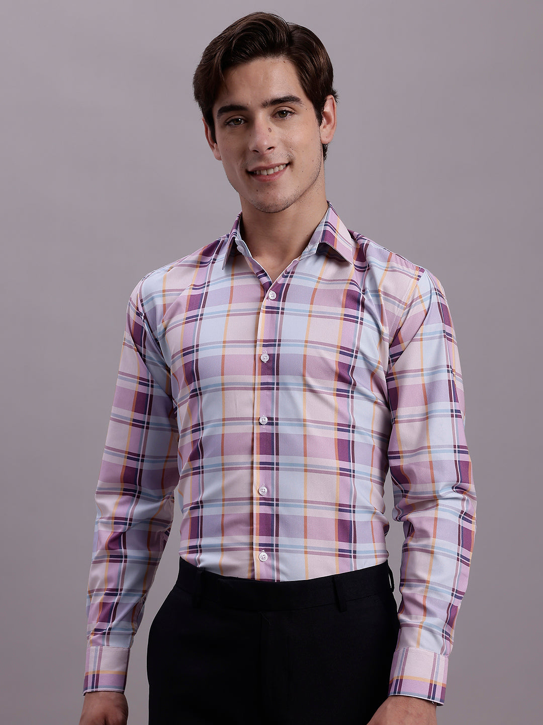 Jainish Men's Cotton Blend Checked Formal Shirt - Wine