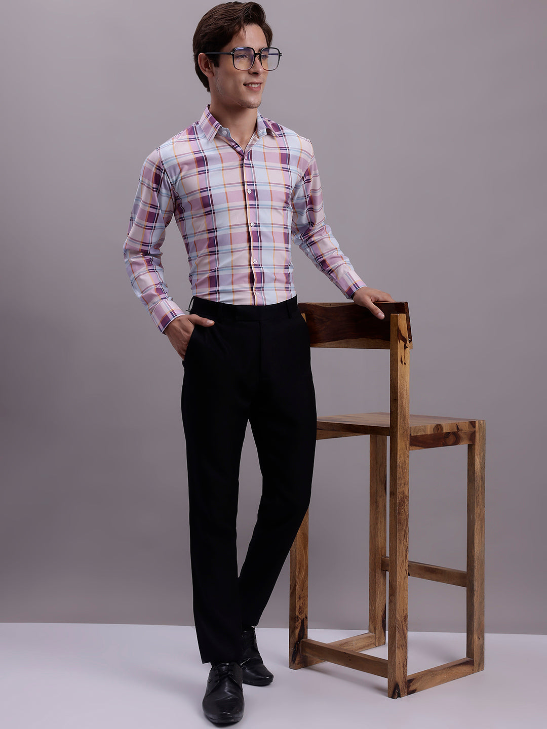 Jainish Men's Cotton Blend Checked Formal Shirt - Wine