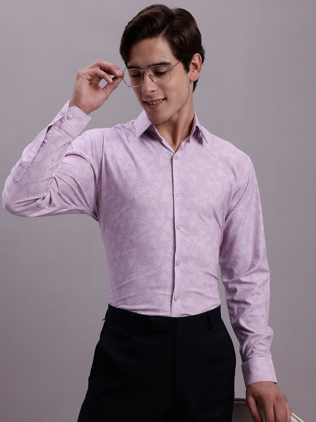 Jainish Men's Geomatric Printed Cotton Blend Formal Shirt - Light-Purple