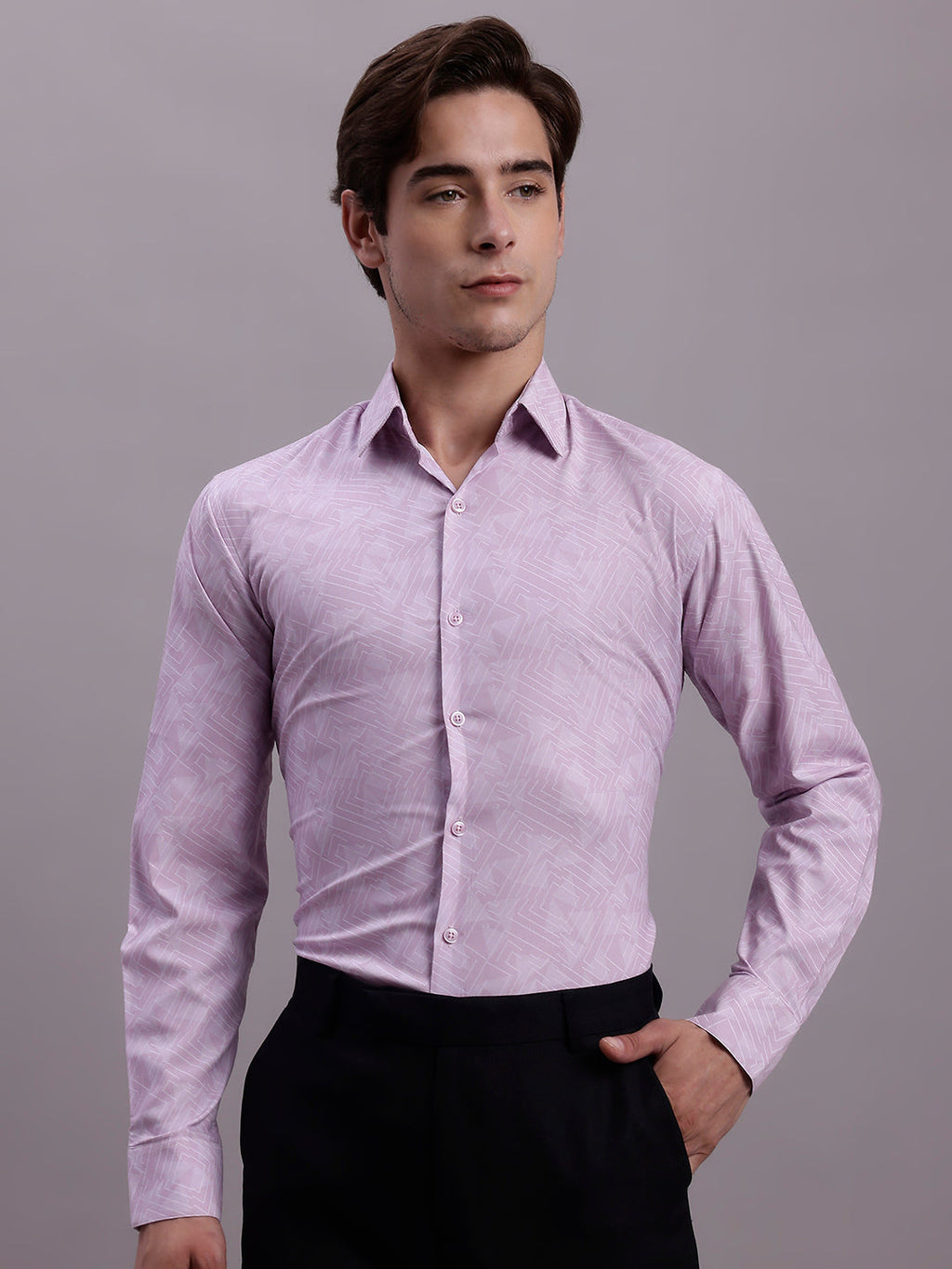 Jainish Men's Geomatric Printed Cotton Blend Formal Shirt - Light-Purple