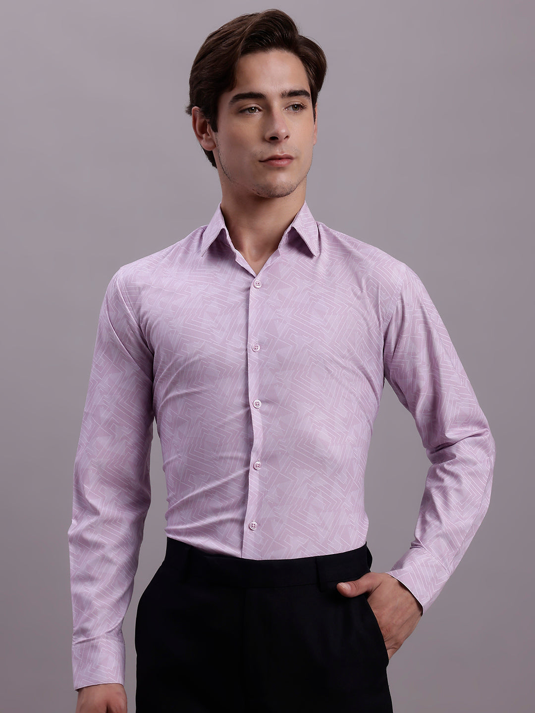 Jainish Men's Geomatric Printed Cotton Blend Formal Shirt - Light-Purple