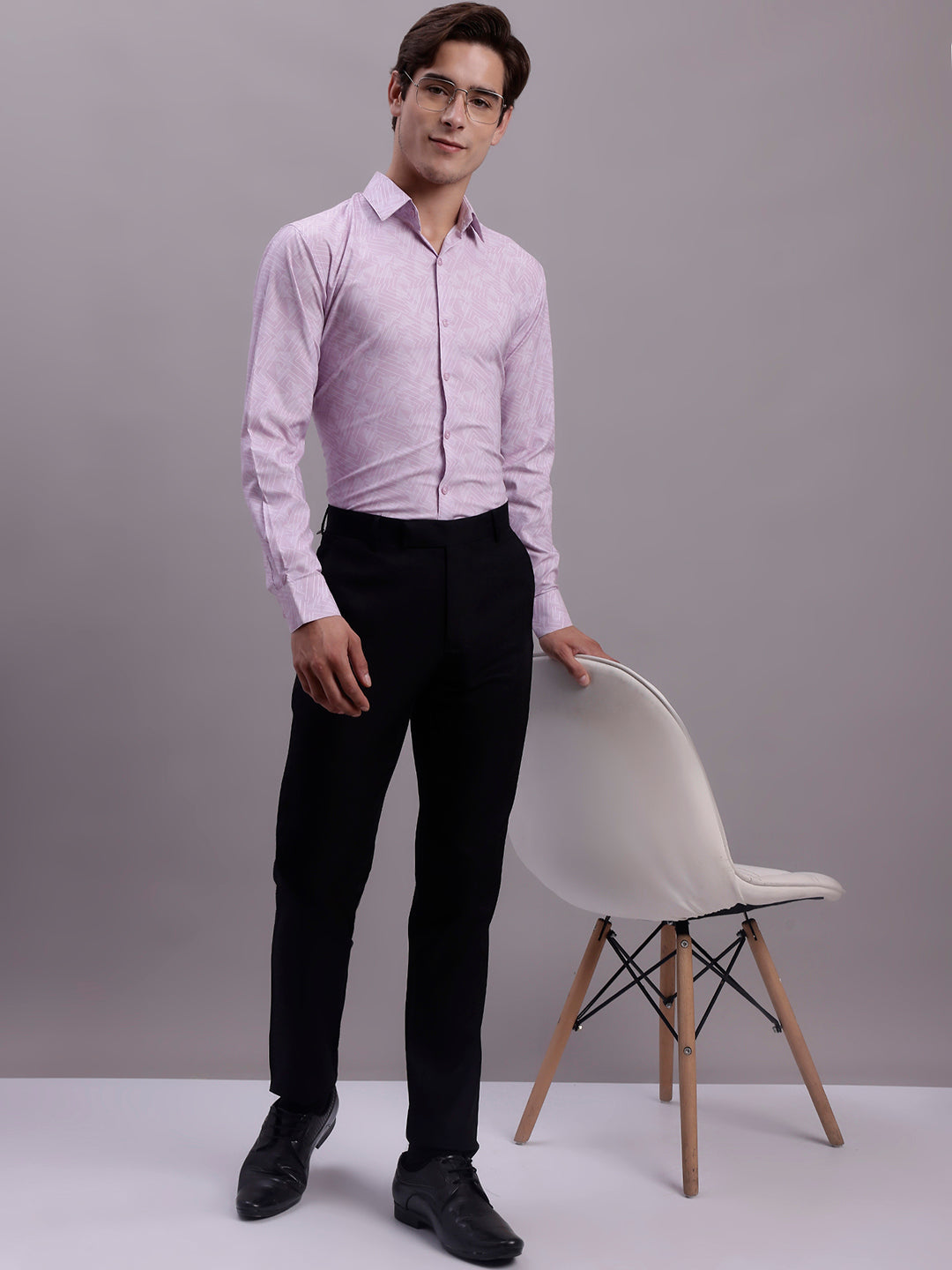Jainish Men's Geomatric Printed Cotton Blend Formal Shirt - Light-Purple