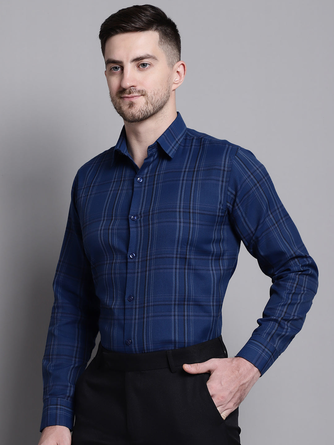 Jainish Men's Classic Checks Formal Shirt - Blue